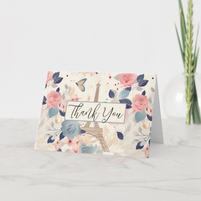 Cartão Flores e padrão de Paris Eiffel Tower Obrigado (Frente)