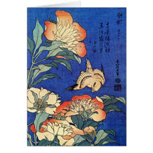 Cartão Flores e pássaro, Hokusai