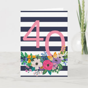Cartão Flores e Stripes Rosa 40 Parabéns
