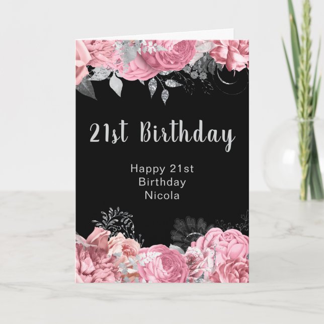Cartão Flores Elegantes Rosa e Prata de Aniversário (Frente)