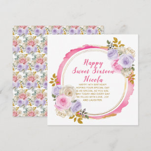 Cartão Flores Elegantes Rosa e Roxo Doce Dezesseis