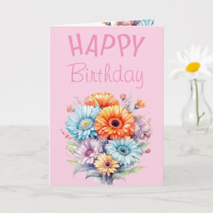 Cartão Flores Gerbera feliz aniversário em branco rosa
