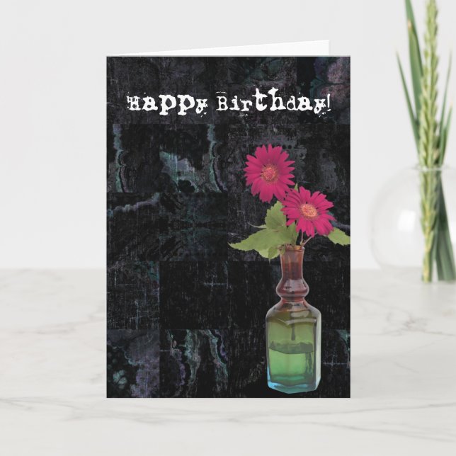 Cartão Flores Grunge Birthday em Vase (Frente)