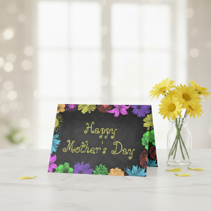 Cartão Flores Iluminados Em Quadro-Negro Feliz Dia das Mã