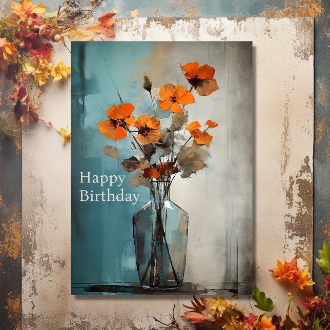 Cartão Flores Modernas bonito e Feliz Aniversário de Vase (Front - Pretty Modern Flowers and Vase Happy Birthday Card)