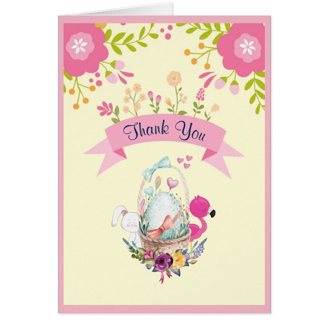 Cartão Flores, Ovos, Flamingo E Obrigados De Chá Coelho (Frente)