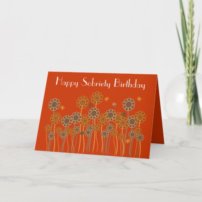 Cartão Flores Retro Laranja Negras Sobriety Birthday Card (Frente)