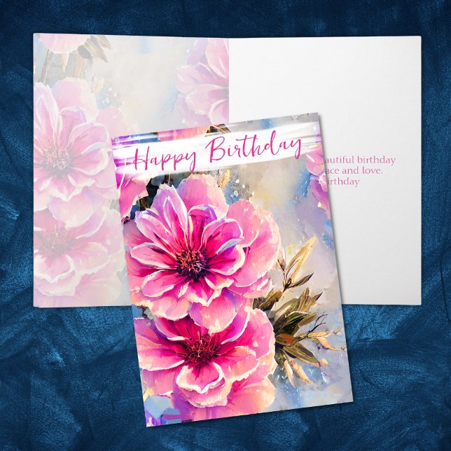 Cartão Flores Rosa-Chique bonito Aniversário Floral (Front and Inside - Pretty Shabby Chic Pink Flowers Floral Birthday Card)