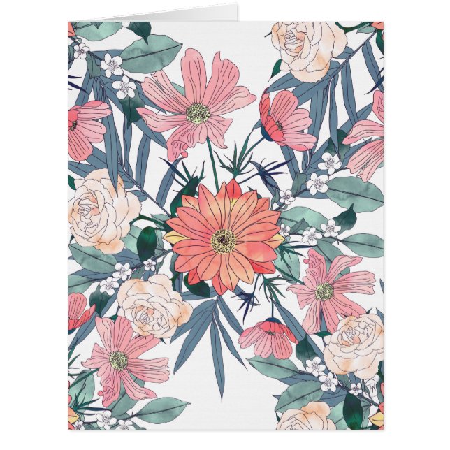 Cartão Flores Rosa Elegantes Aquarela Floral (Frente)