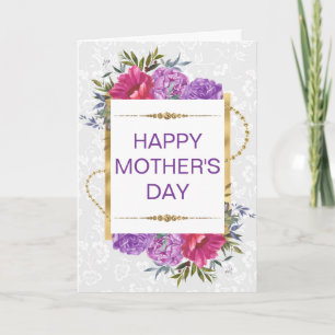 Cartão Flores Rosa Roxo & Brilho Dourado Dia das Mães
