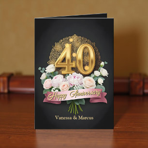 Cartão Flores Rosa Suaves e Dourado 40º Aniversário de Ca