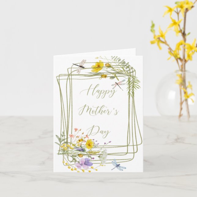 Cartão Flores selvagens e Dia de as mães de libélulas (Flor Amarela)