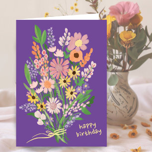 Cartão Flores Selvagens Pintadas com Gouache Feliz Aniver