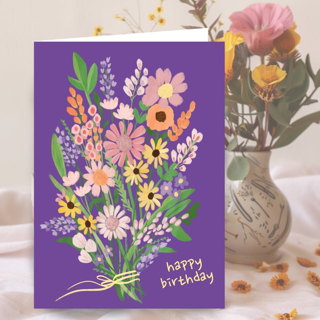Cartão Flores Selvagens Pintadas com Gouache Feliz Aniver (Wildflowers Handpainted Gouache Painting custom Happy Birthday Card
)