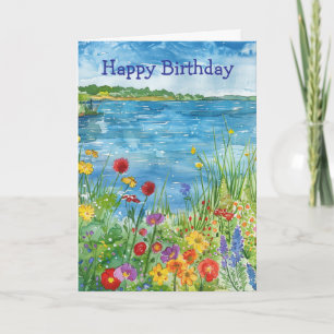 Cartão Flores Silvestres ao lado de um Lago Aniversário