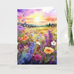 Cartão Flores silvestres ao pôr do sol em aquarela
