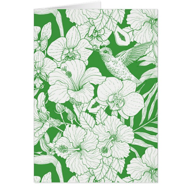 Cartão Flores Tropicais e Beija-flor em verde  (Frente)