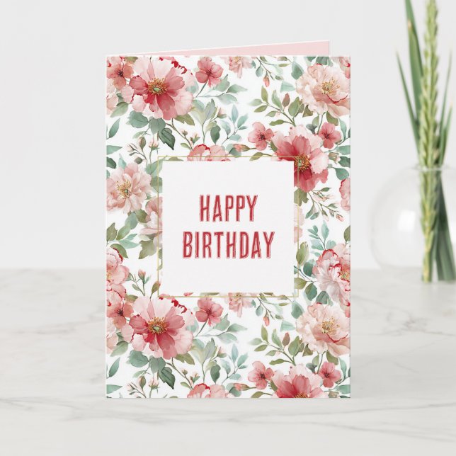 Cartão Flores Vermelhas Rosadas de Aniversário (Frente)