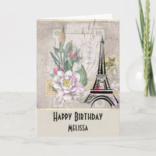 Cartão Flores Vintage, Torre Eiffel e Aniversário em Juta
