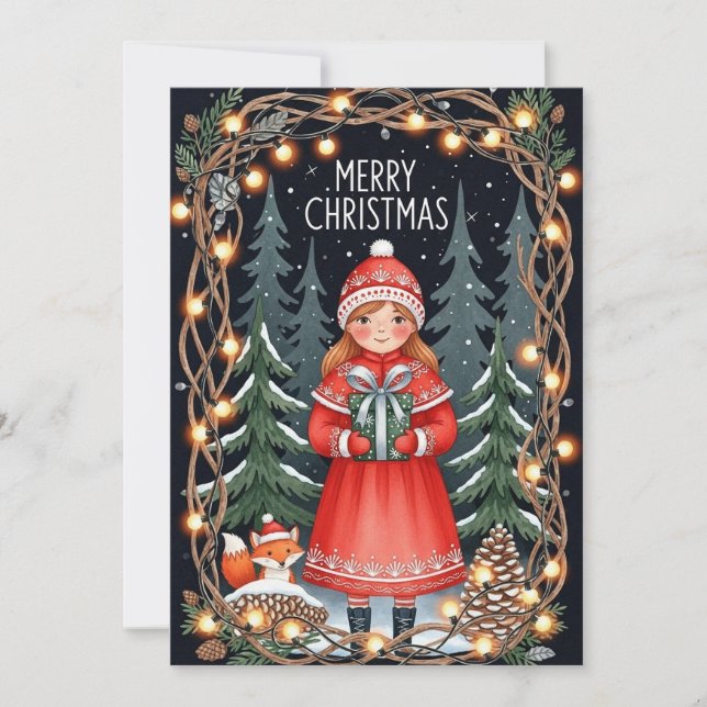 Cartão Floresta Menina Feliz Natal (Frente)