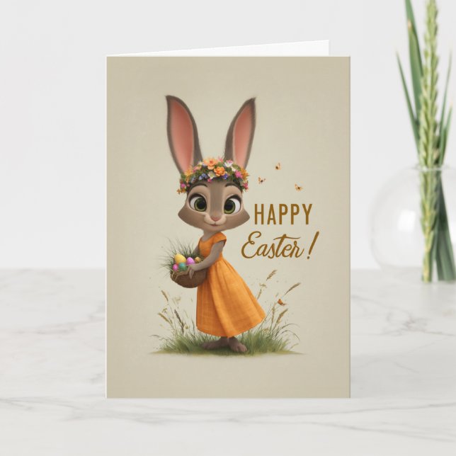 Cartão Flower-Crown Bunny in Orange Dress Easter Card (Frente)