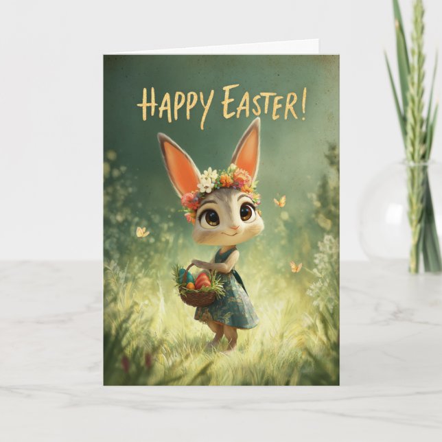 Cartão Flower-Crown Bunny with Easter Basket Meadow Card (Frente)