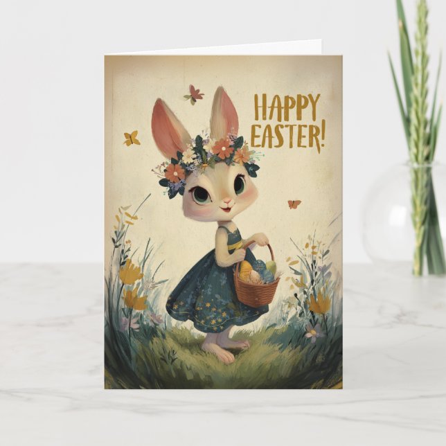 Cartão Flower-Crown Easter Bunny in Spring Meadow Card (Frente)