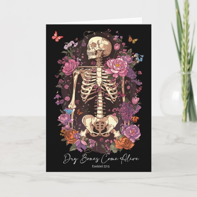 Cartão Flower Skeleton Dry Bones Come Alive, Retro Enchan (Frente)