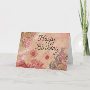 Cartão Flowers and Violin: Happy Birthday Card