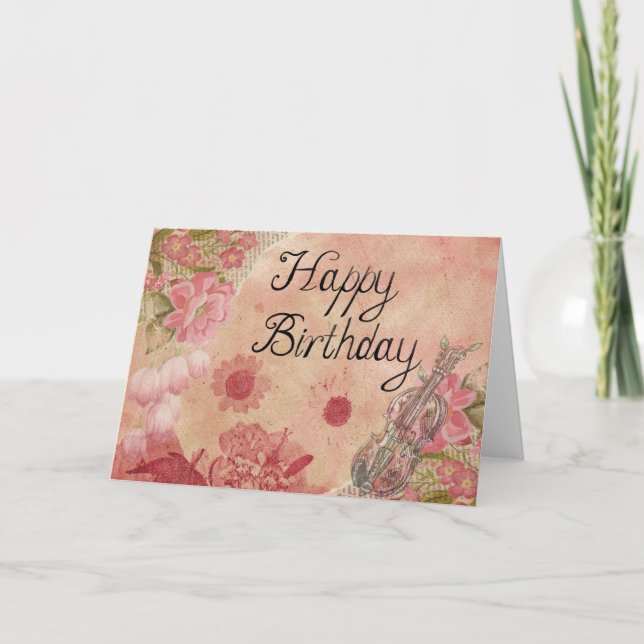 Cartão Flowers and Violin: Happy Birthday Card (Frente)