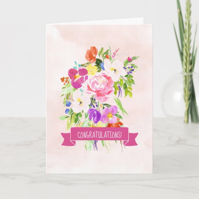 Cartão Flowers Bouquet Watercolor Wedding Congratulations (Frente)