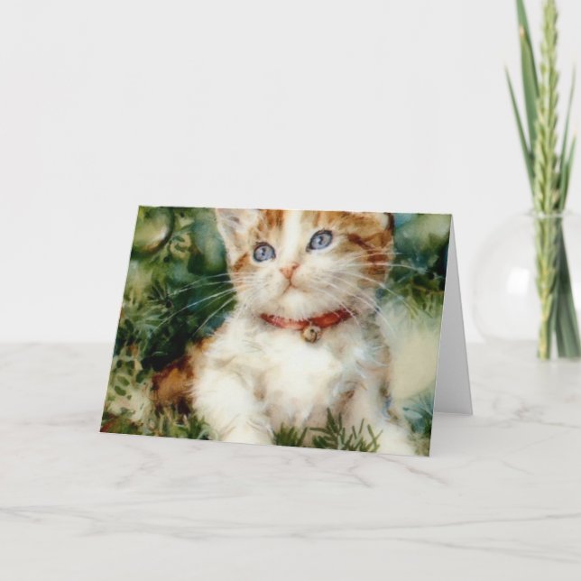 Cartão Fluffy natal cat Watercolor (Frente)