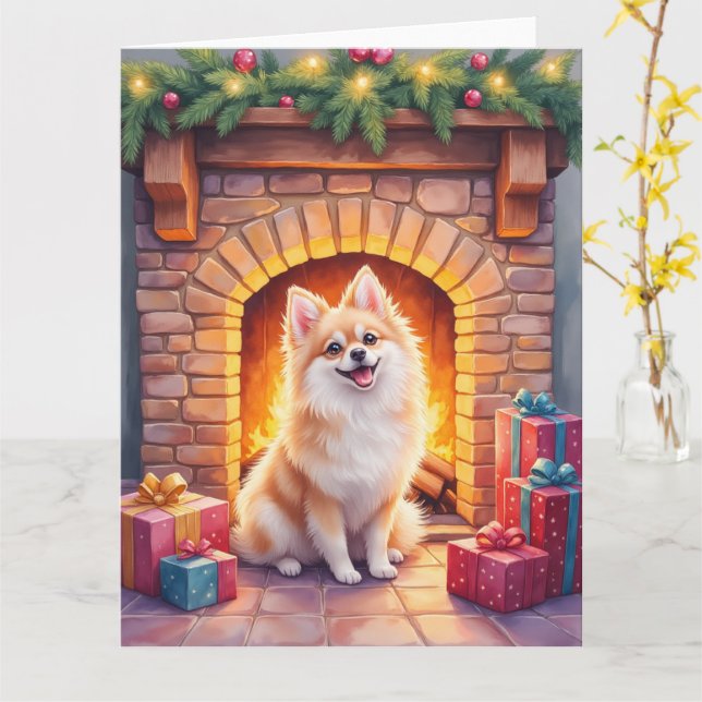 Cartão Fluffy Pomeranian Cozy Christmas Fireplace Dog Art (Flor Amarela)