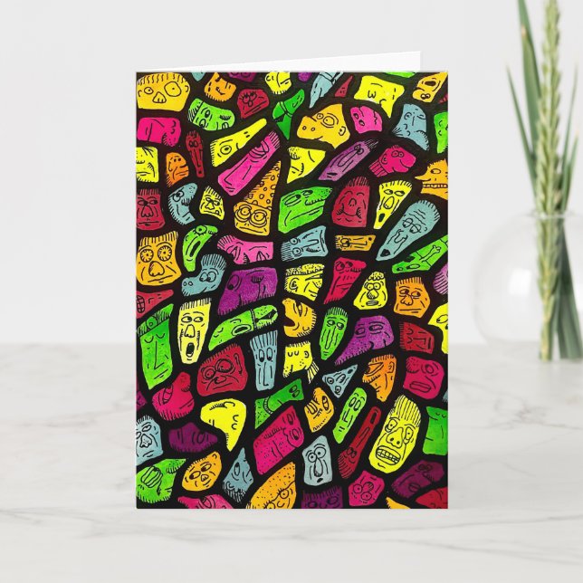 Cartão Fluorescent Cartoon Weird Faces Drawing Card (Frente)