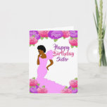 Cartão Fly Sister African American Birthday<br><div class="desc">Este belo e elegante cartão de aniversário apresenta rosas roxas e cor-de-rosa,  e uma mulher afro-americana de vestido rosa. Pegue esses cartões de aniversário elegantes para sua irmã e coloque um sorriso no rosto dela.</div>