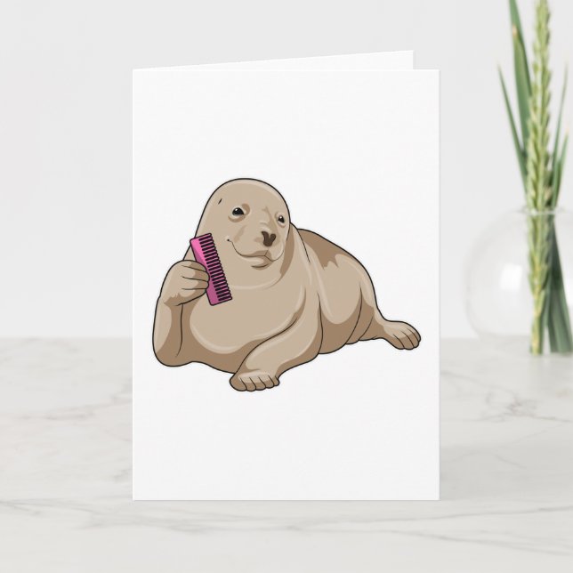 Cartão Foca como cabeleireira com pente (Frente)