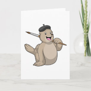 Cartão Foca como Pintor com Pincel de Pintura