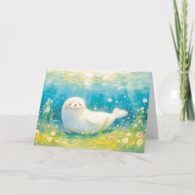 Cartão Foca Feliz sob os Raios do Oceano (Frente)