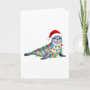 Cartão Foca Festiva Coberta com Luzes de Natal