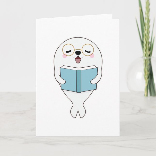 Cartão Foca lendo um livro (Frente)