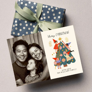 Cartão Fofa Família de Elfos de Natal e Árvore