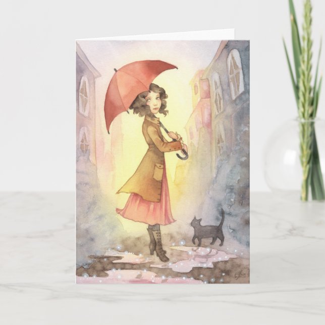 Cartão Foggy Morning - Girl and Cat Greeting Card (Frente)
