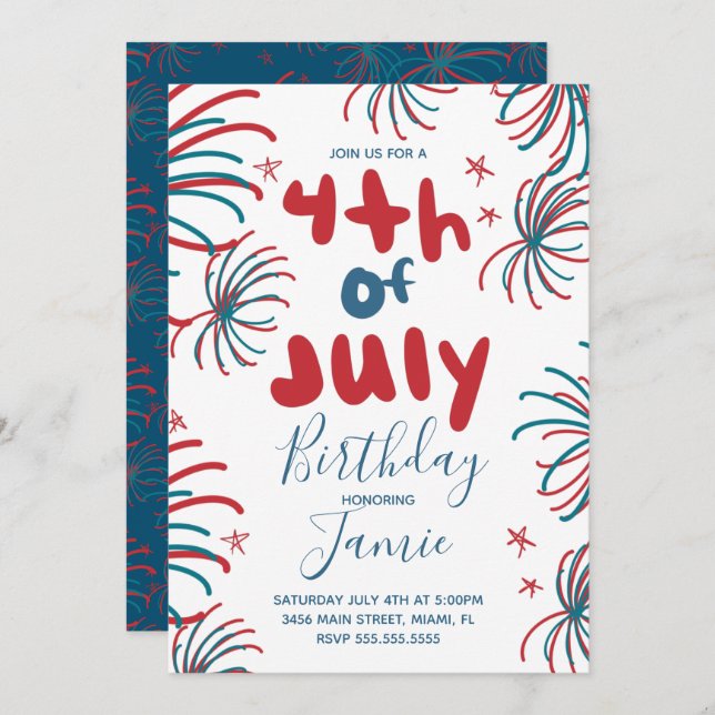 Cartão Fogos de artifício dia 4 de julho Estrelas CHURRAS (Frente/Verso)