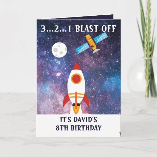 Cartão Foguete Azul Roxo e Corpo, Lua 8º Aniversário (Frente)