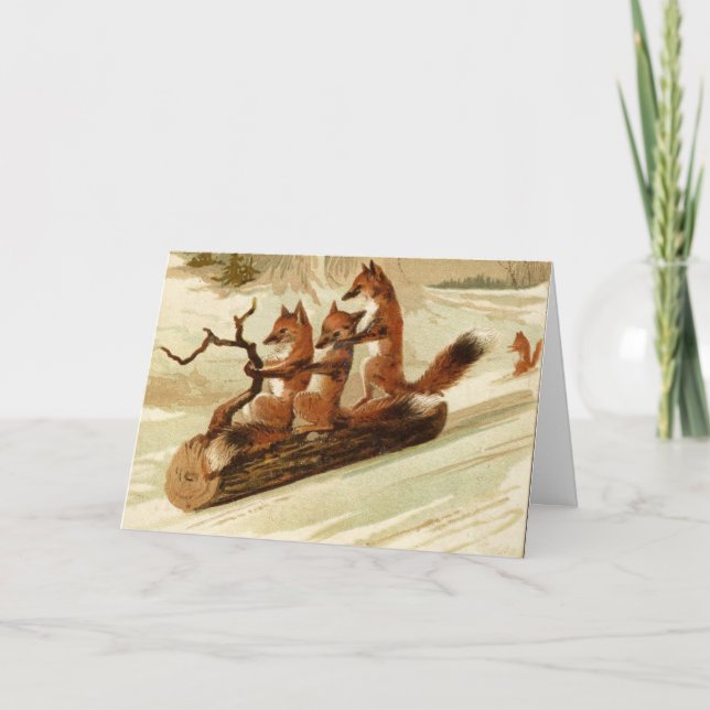 Cartão Folded CHRISTMAS Card FOXES ON LOG SLEDDING (Frente)