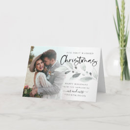 Cartão Folhagem de Foto de Natal Primeiro Casada Dobrada