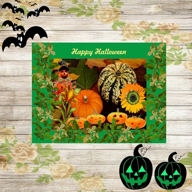 Cartão Folhagem de outono verde Escaravelho Pumpkin Hallo (Green Fall Foliage Pumpkin Halloween Card)