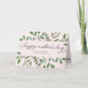 Cartão Folhagem Minimalista Rosa Bege Feliz Dia das Mãe