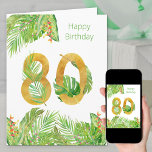 Cartão Folhagem tropical Verde e Dourado Grande 80 Aniver<br><div class="desc">Grande cartão de aniversário de 80. A design apresenta um grande número de 80 em ouro texturado, entrelaçado com folhas tropicais. Por fora, há também uma fronteira de folhas de palma, folhas de bananas, folhas de monstera e flores tropicais coloridas, com a menção "feliz aniversário". O dentro da placa também...</div>