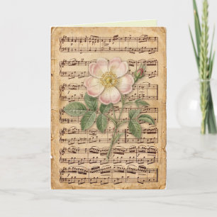 Cartão Folhas de Música Antigas com Arte Floral Delicada